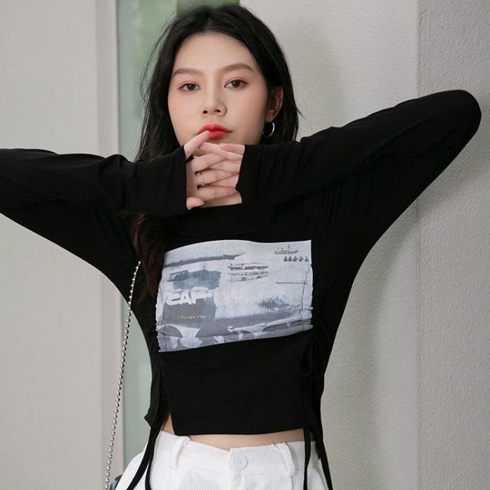 Áo Croptop Tay Dài Thiết Kế Dây Rút Đôi Thời Trang Mới Cho Nữ