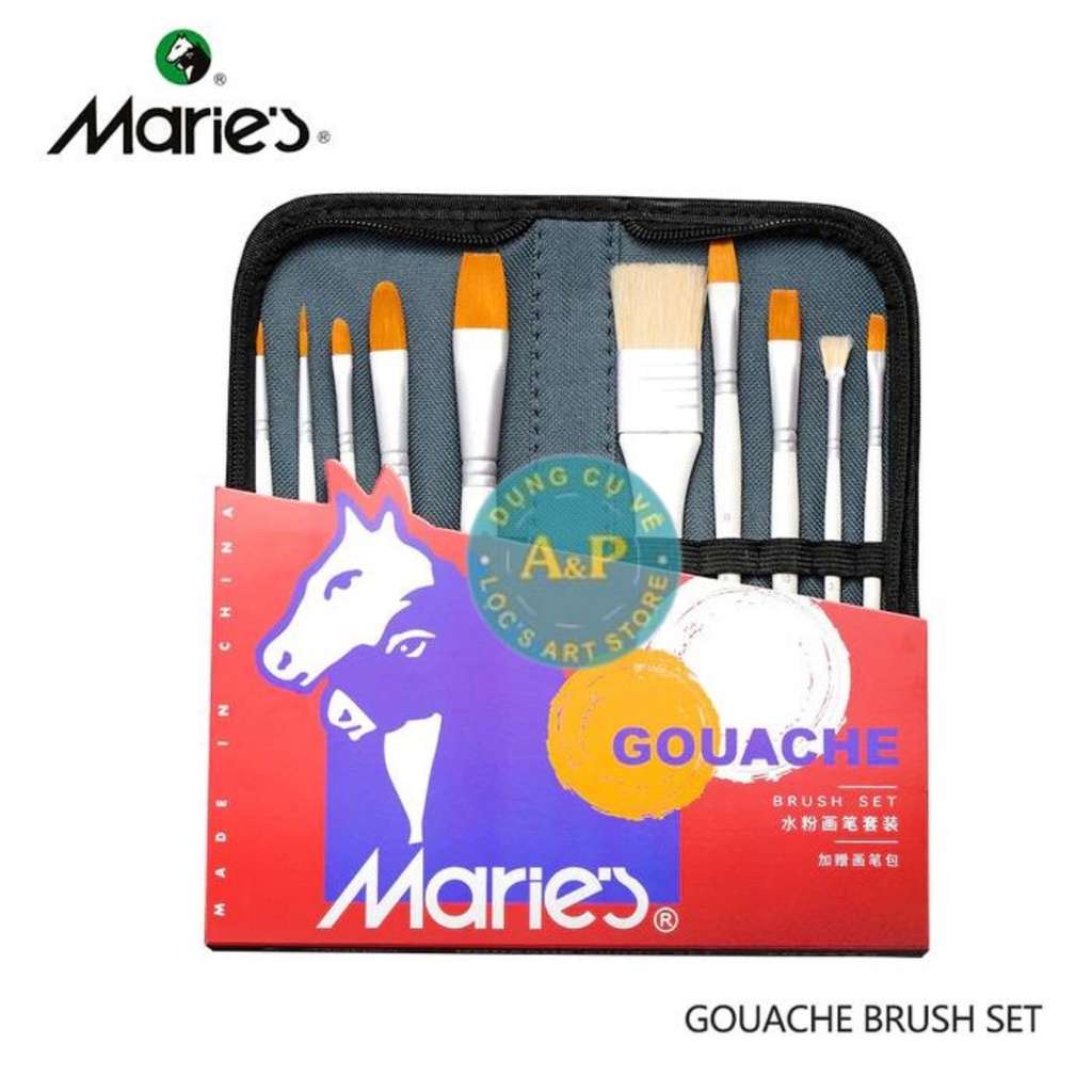 Cọ bộ 10 cây Marie's vẽ màu Gouache  lông nylon và lông ngựa kèm túi đựng