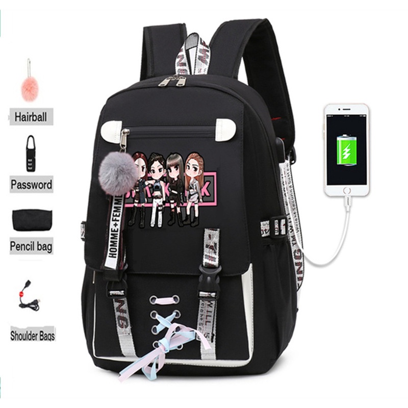 Ba Lô Đi Học Ngăn Rộng Dành Cho Fan Blackpink Có Cổng Sạc Usb