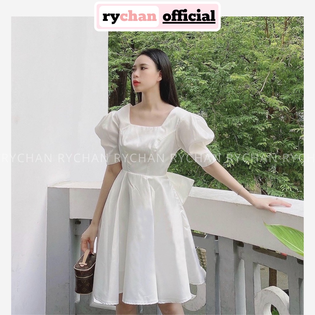 Đầm Xòe Trắng Cổ Vuông Tay Phồng Đính Nơ Lưng Lót Trong Dày Dặn - DX0123