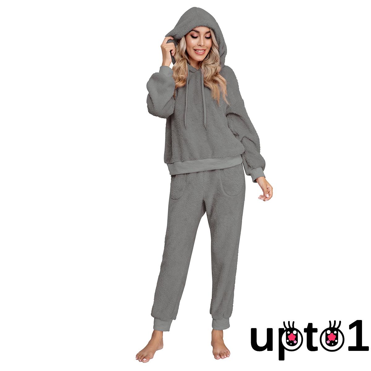 Bộ Đồ 2 Món Áo Hoodie Tay Dài Vải Lông Cừu Hai Mặt Phối Quần Dài Giữ Ấm Mùa Đông Cho Nữ