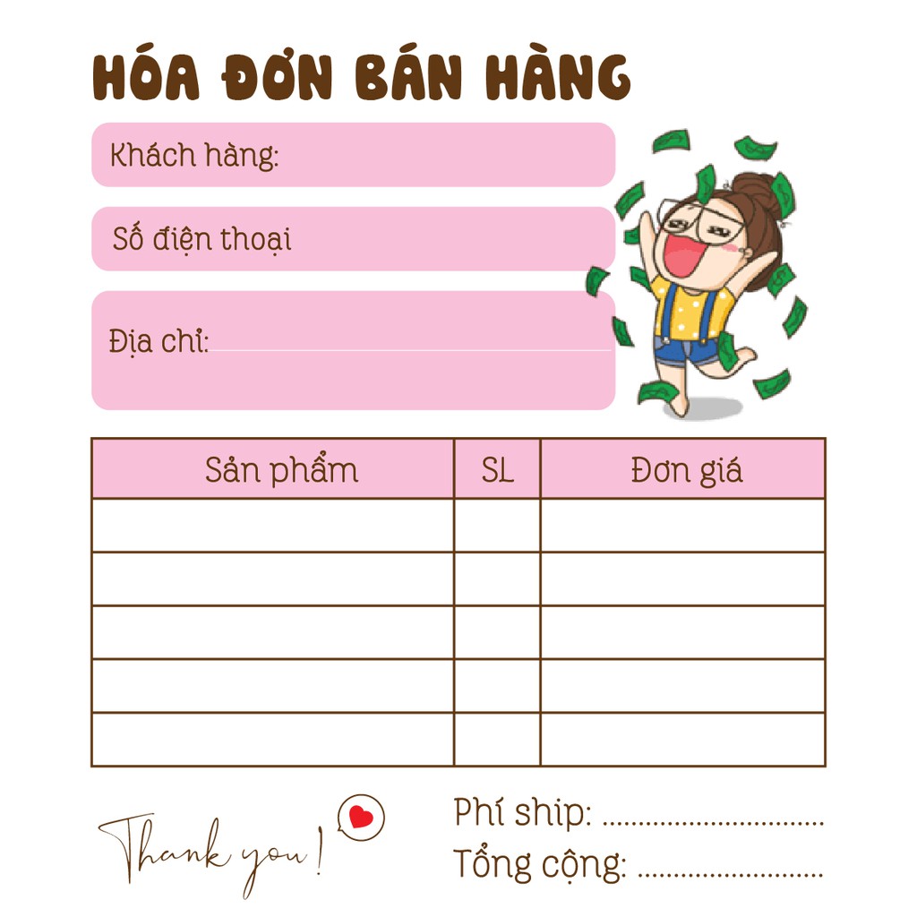 Hoá đơn bán hàng mini 1 liên siêu dễ thương mẫu cô gái áo vàng - V