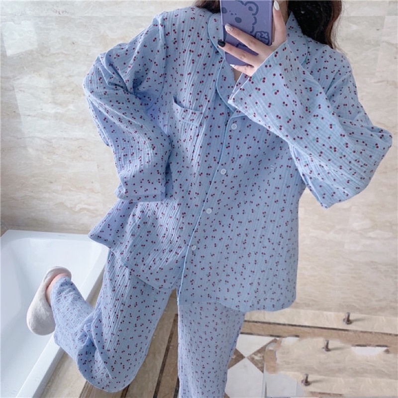 RẺ NHẤT SHOPEE SET BỘ PIJAMA DÀI TAY XÔ MUSLIN HOA NHÍ 3 MÀU