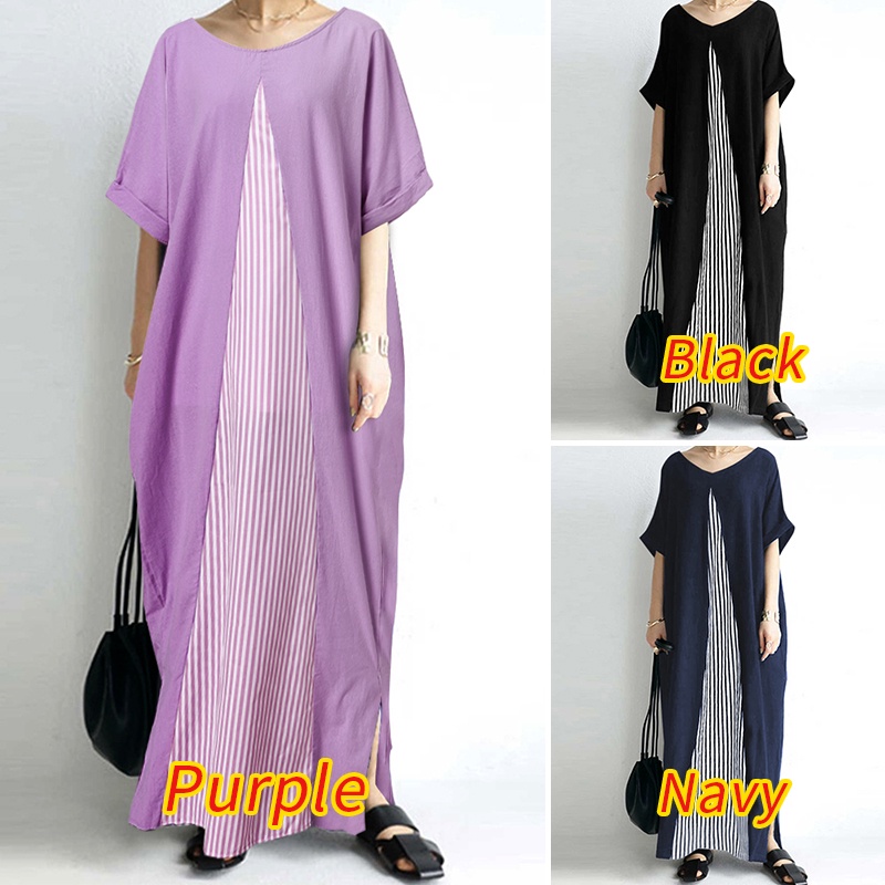 Đầm maxi Zanzea bằng cotton tay ngắn cổ tròn in họa tiết kẻ sọc thời trang Hàn Quốc sành điệu cho nữ