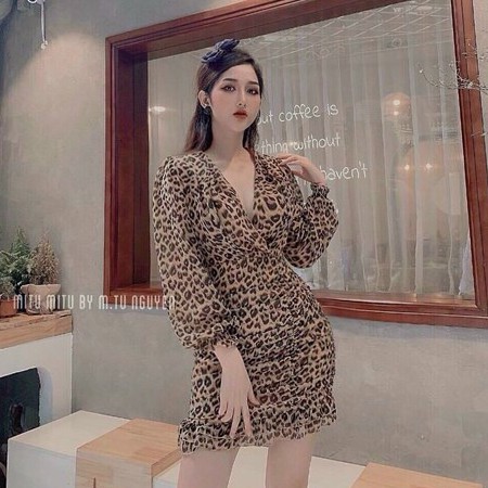 Đầm nữ ôm body quyến rũ, màu da beo tay dài cổ chữ v sang trọng, lịch lãm thời trang Bella Luu Shop