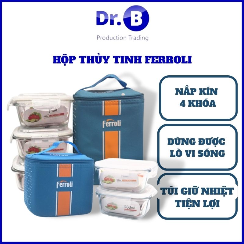 Bộ 3 hộp thủy tinh dung tích 500ml kèm túi giữ nhiệt đựng thức ăn Ferroli -- GiaDungDrb