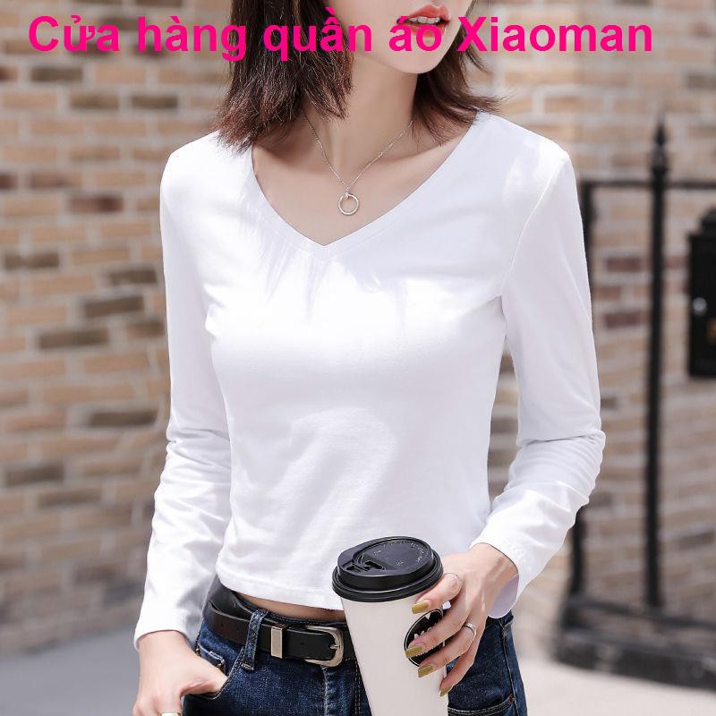 Áo thun nữ dài tay ngắn hở rốn ôm vừa vặn mùa thu 2020 new all-match crop top cạp cao gợi cảm hợp thời trang