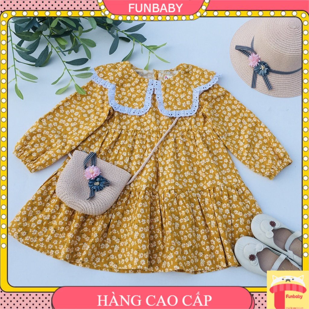 Váy bé gái dài tay 2-10 tuổi cổ xòe viền ren, Đầm babydoll cho bé vải cà bông dày dặn mềm mại kiểu dáng điệu đà