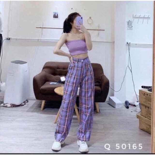 Quần kẻ ống suông