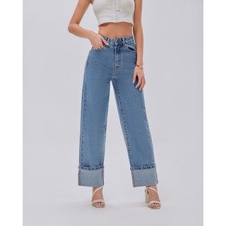 Quần jeans SheByShj ống suông xắn gấu màu xanh - Kara Jeans Pants