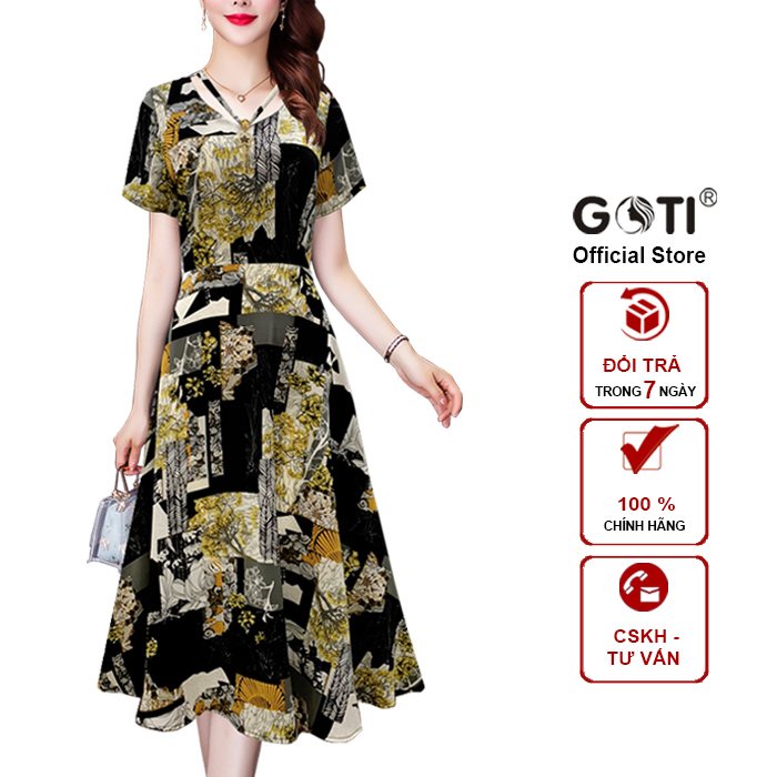 GOTI - Đầm Xòe Dáng Dài Quý Bà Kiều Đầm Xòe Trung Niên Size Lớn In Hoa Có Size Cho Người Mập 3349 3330 3340
