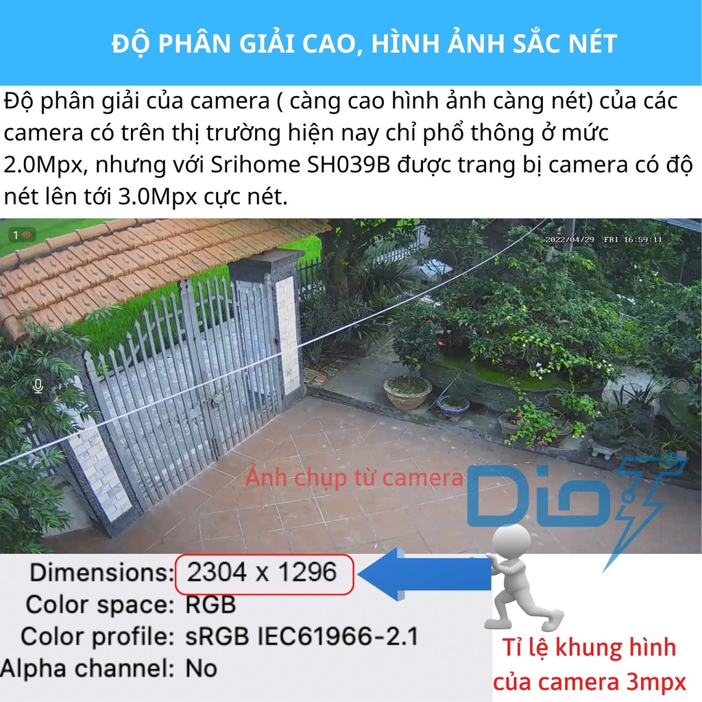 Camera wifi chống nước 2K quay đêm có màu xoay 360 độ Srihome SH039