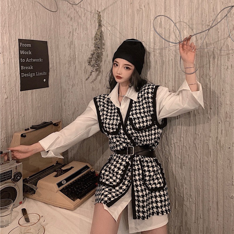 Áo Khoác Vest Không Tay Cổ Chữ V Phối Túi Họa Tiết Caro Thanh Lịch | BigBuy360 - bigbuy360.vn