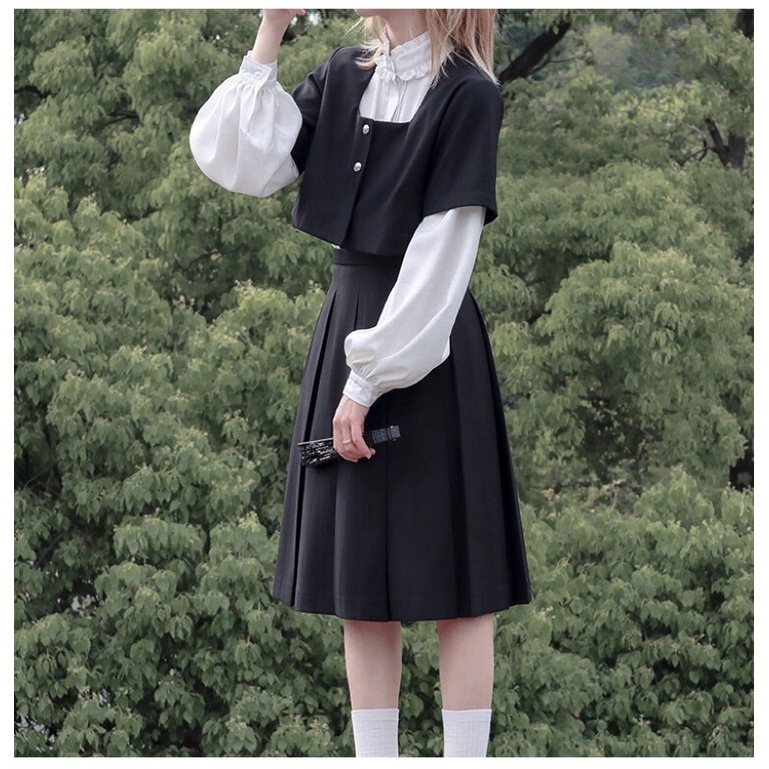 YAS0050-Set Jk nhật Maria sơ mi viền ren áo vest ngắn