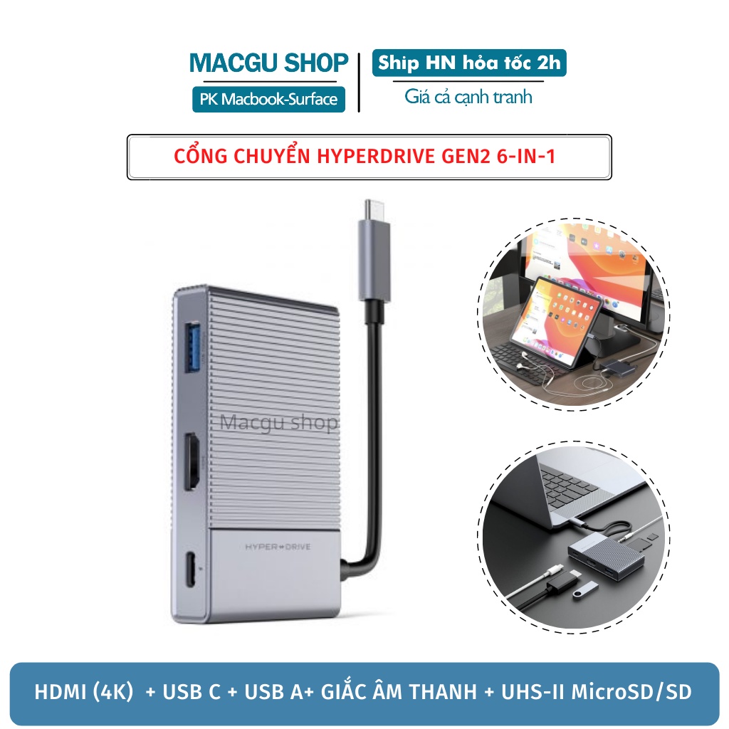 Cổng chuyển/ Hub USB-C 6in1 GEN 2 HyperDrive cho Macbook, Laptop