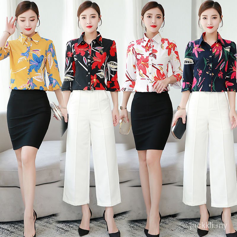 Áo Sơ Mi Chiffon Mềm Tay Loe 3 / 4 In Hoa Màu Xanh Dương Đậm Kiểu Hàn Quốc Thời Trang Xuân Hè 2019 Cho Nữ