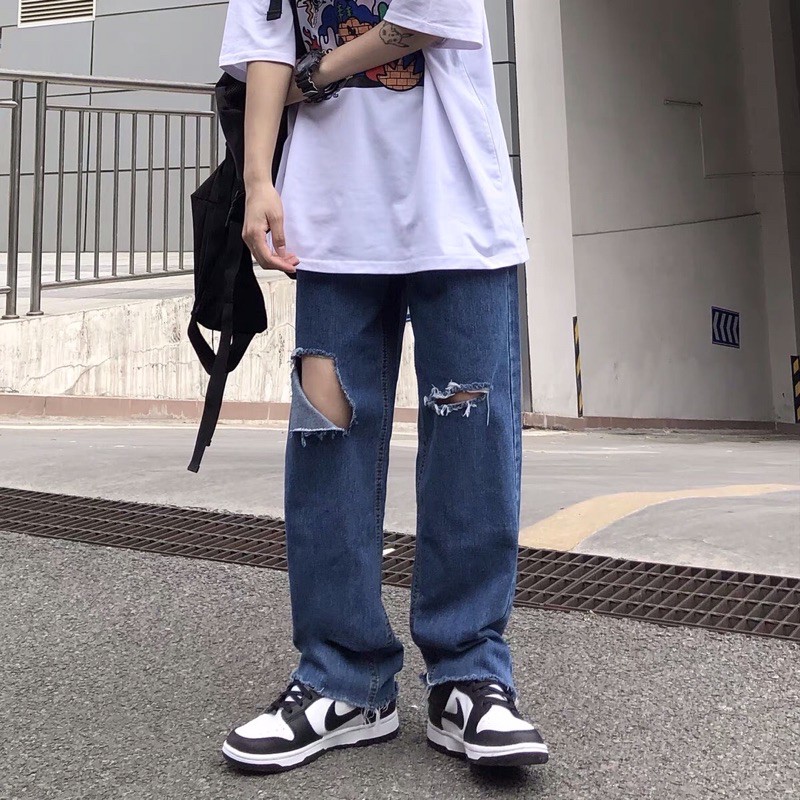 Quần bò jeans ống rộng rách gối Ulzzang hiphop siêu chất ❤️