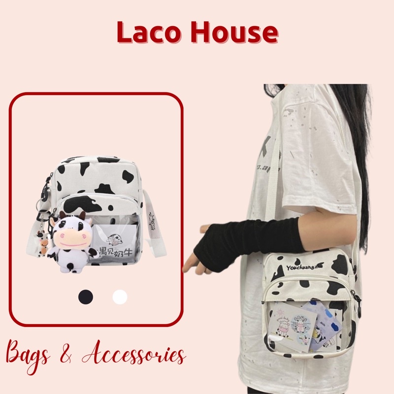 (Tặng kèm postcard) Túi vải canvas đeo chéo hoạ tiết bò sữa T25