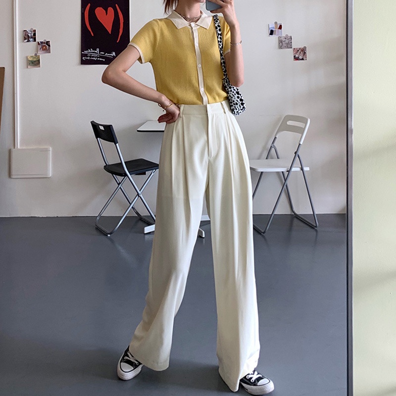 Quần ống rộng Lưng Cao Màu Trơn Phong Cách Vintage Thời Trang Cho Nữ
