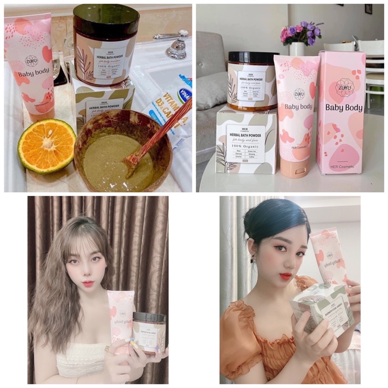 Combo Kem Baby Body Zuyu + Tắm trắng thảo dược Her Cosmetic (Tặng 2 tẩy tbc + 1 tắm trắng)