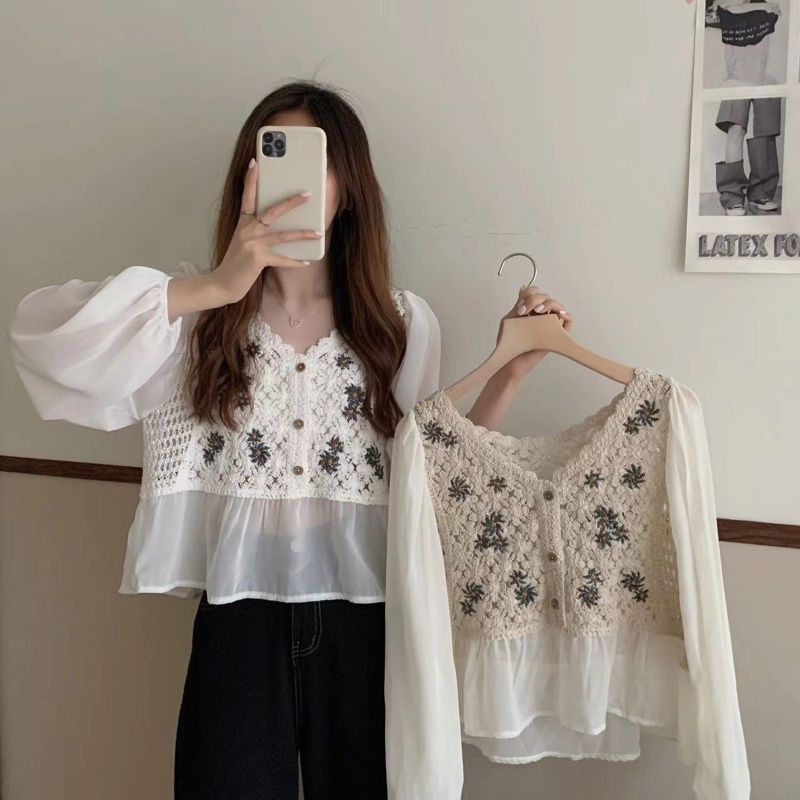 Áo Peplum Chiffon Cổ V Tay Phồng In Họa Tiết Hoa Cúc Xinh Xắn Thời Trang Cho Nữ