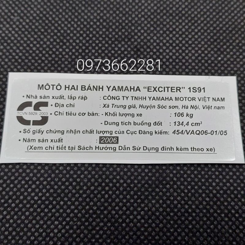 Tem dán càng gắp EXCITER 2006.1S91, Tem thông số năm Sản xuất