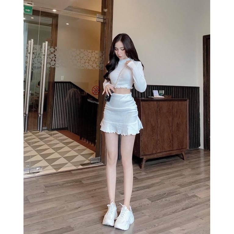 Set váy đầm nữ áo croptop dài tay mix chân váy bút chì đuôi cá freesize màu đen trắng phom ôm sexy tôn dáng C633 | BigBuy360 - bigbuy360.vn