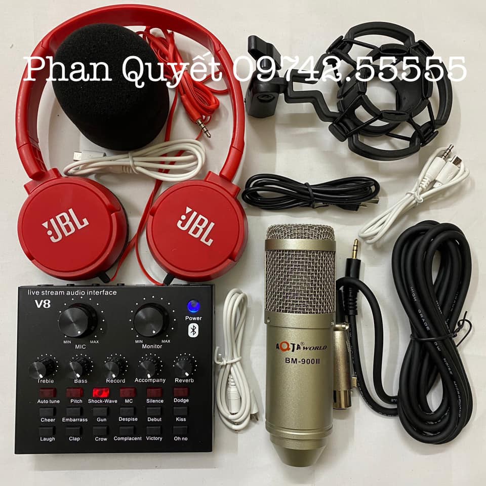 Combo bộ Mic Thu Âm Livestream, Hát Karaoke,Livestream online cực hay(Trọn Bộ Souncard V8,Bm900 II) tặng tai nghe J-08