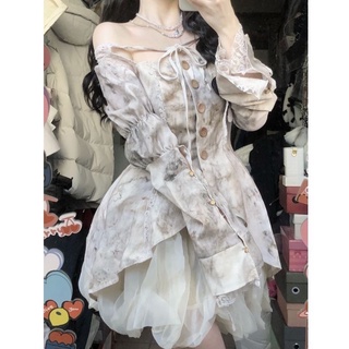  Set Váy Áo Sơ Mi Tay Phồng Cột Dây Màu Loang Mix Cùng Chân Váy Ren Bồng Bềnh Lưng Cao Thời Trang Nữ 