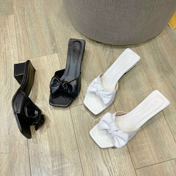 Dép guốc quai ngang nơ to gót trụ 3p mũi vuông, DD-294, Giaydepxinh.dangmi