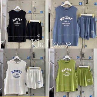 Set 3 món áo tanktop nữ NG + quần đùi, bộ ba lỗ nữ mặc nhà, set đồ hè chất cotton HKA53