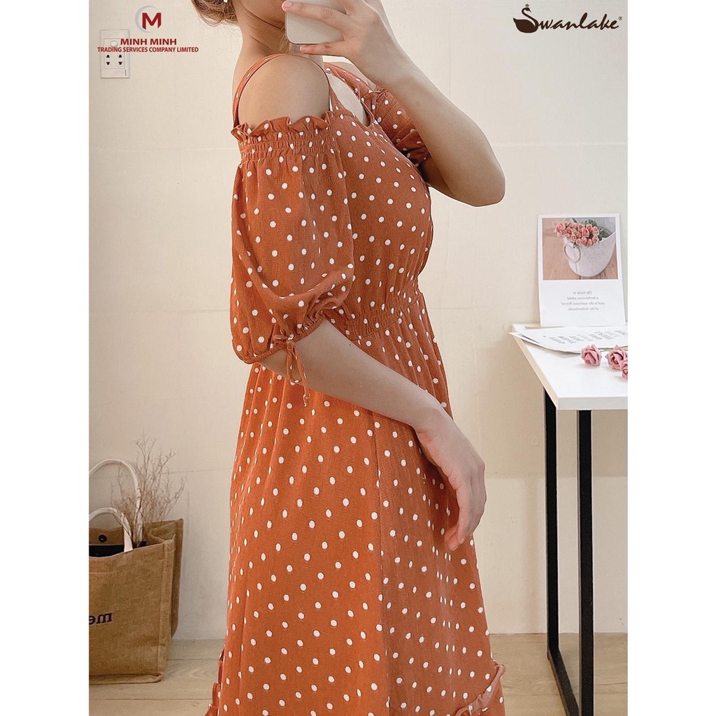 SWANLAKE | Đầm Maxi Xếp Tầng Trễ Vai Chấm Bi Tôn Dáng Thường Ngày, Đi Chơi - MÃ: D09592LW03