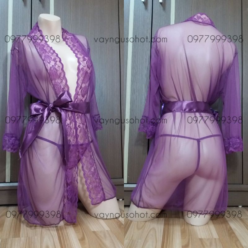 ( clip tự quay + ảnh thật tự chụp ) áo choàng ngủ tím trong suốt viền ren sexy | BigBuy360 - bigbuy360.vn