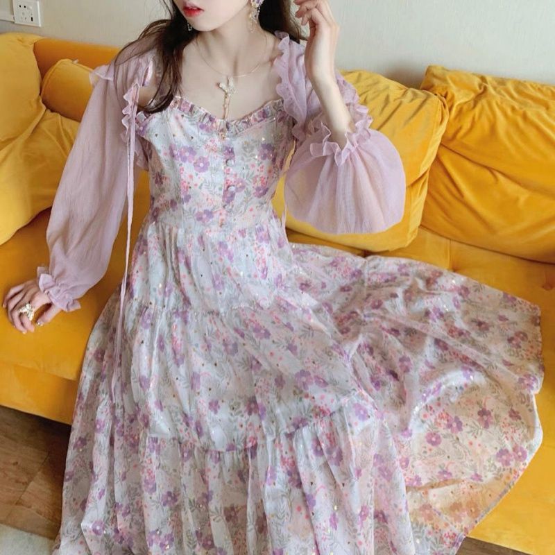 Pháp Khí2021Mùa Hè Mới Dài Siêu Cổ Tích Giấc Mơ Màu Tím Váy Voan Dây Đeo Hoa Đầm