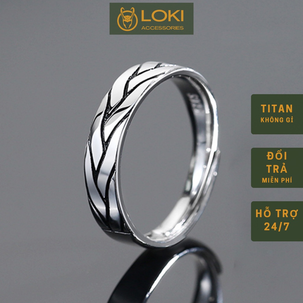 Nhẫn nam nữ màu bạc tròn Stripes Loki Accessories thời trang unisex chất liệu Titan đẹp đơn giản không gỉ - Nhẫn Stripes