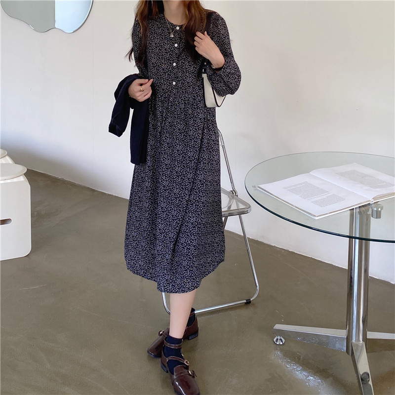 Đầm mini tay dài cổ tròn in hoa thời trang nữ 38078