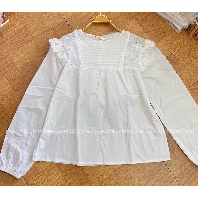 Áo babydoll vai thêu ly xếp ngang ngực vintage tiểu thư