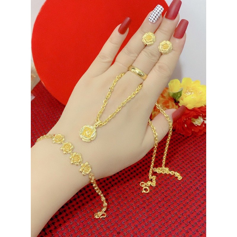 Bộ trang sức cưới 3 món kiểu bông hoa mạ vàng siêu đẹp(tặng kèm nhẫn trơn mạ vàng)