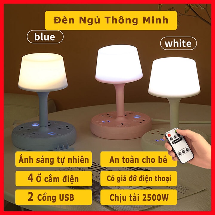 Ổ cắm điện thông minh chịu tải 2500W kiêm đèn ngủ để bàn decor phòng đa năng, tích hợp 2 cổng USB, tặng kèm Điều Khiển