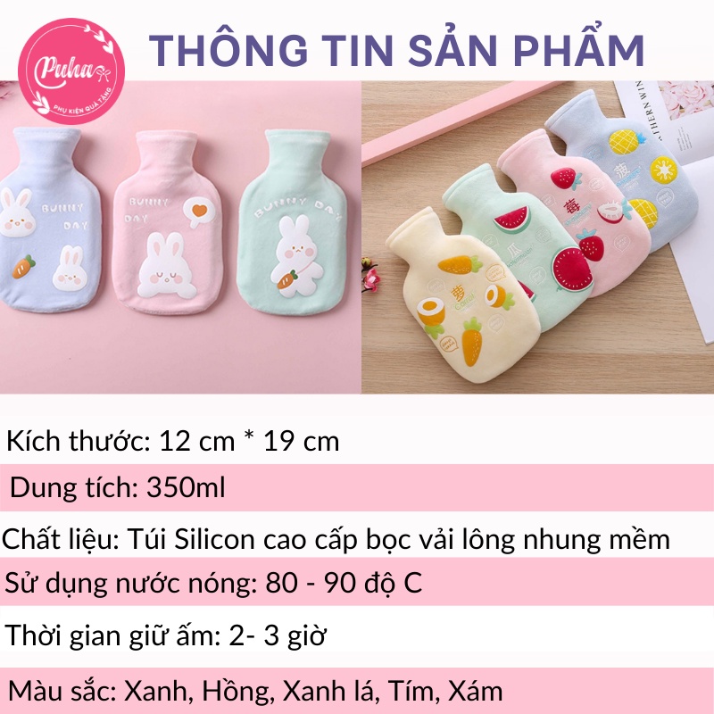 Túi chườm nóng ấm đa năng PUHA 350ml, chườm nóng đau bụng kinh cho nữ, túi sưởi ấm giữ nhiệt hiệu quả