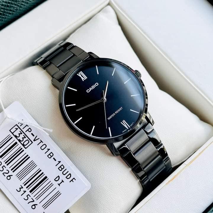 Đồng hồ Nam Casio MTP-VT01B-1B, đồng hồ chính hãng, dây thép đen mặt đen