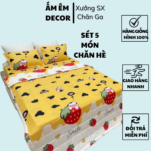 Sét bộ chăn hè ga gối 5 món poly cotton - Gồm 1 chăn hè 1 ga bo chun 2 gối nằm 1 gối ôm - Chăn ga gối  Ấm Êm Decor