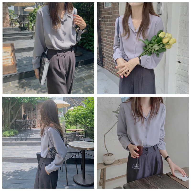 Áo sơ mi chiffon SUXI tay dài cổ vest 6 màu phong cách Hàn Quốc đơn giản cho nữ