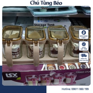Bộ 4 lọ nhựa đựng gia vị có nắp đậy, có khay đựng gọn gàng