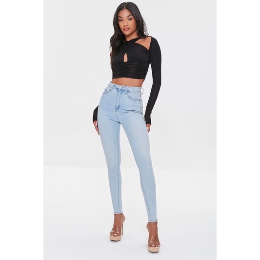 Áo Forever 21 Crisscross Cutout Crop Top Đen Dài Tay
