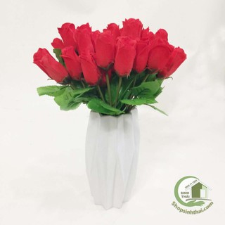 Cành hoa hồng giả - hoa vải lụa màu đỏ