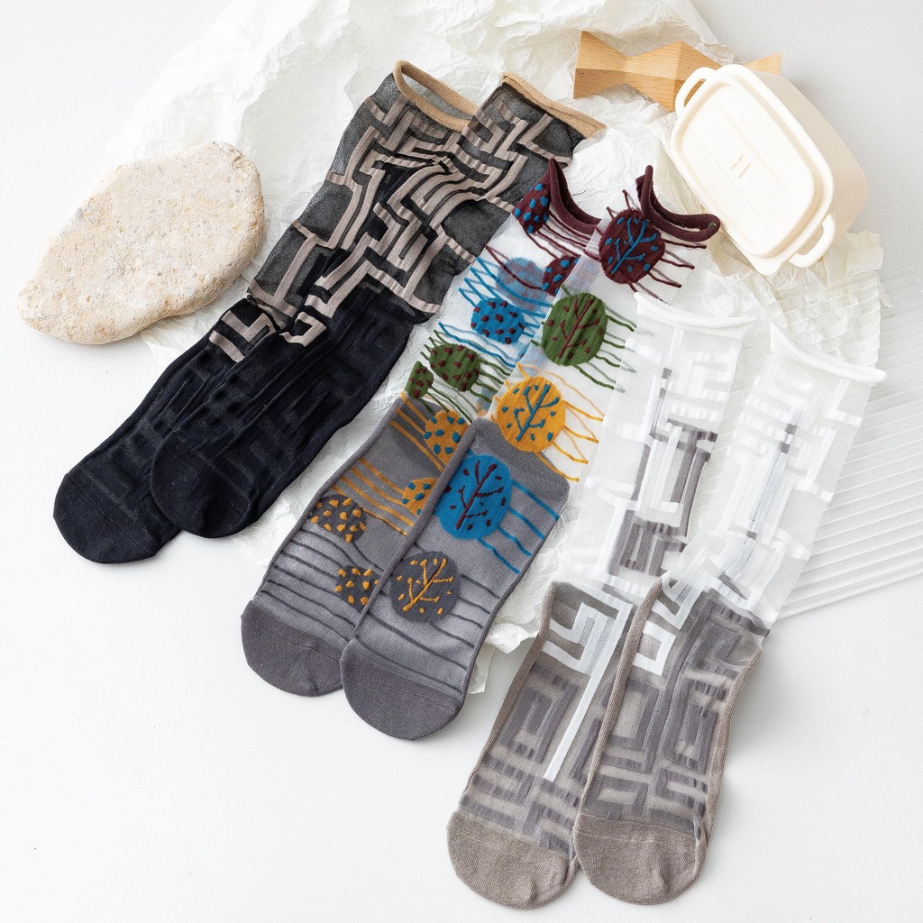 Vớ WAFNHA D482 cotton mỏng xuyên thấu thoáng khí phong cách Pháp thời trang xinh xắn dành cho nữ