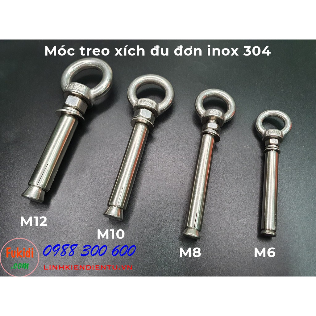 Móc treo xích đu, treo ghế đu, treo võng inox 304, bộ gồm khoen tròn M6/8/10/12 và tắc kê nở inox 304 dài 70mm - TXDK