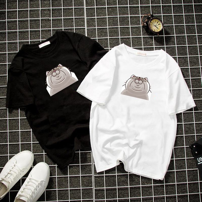 Áo thun unisex form rộng in mèo bụng bự chibi dễ thương vải dày mịn 2019T1114