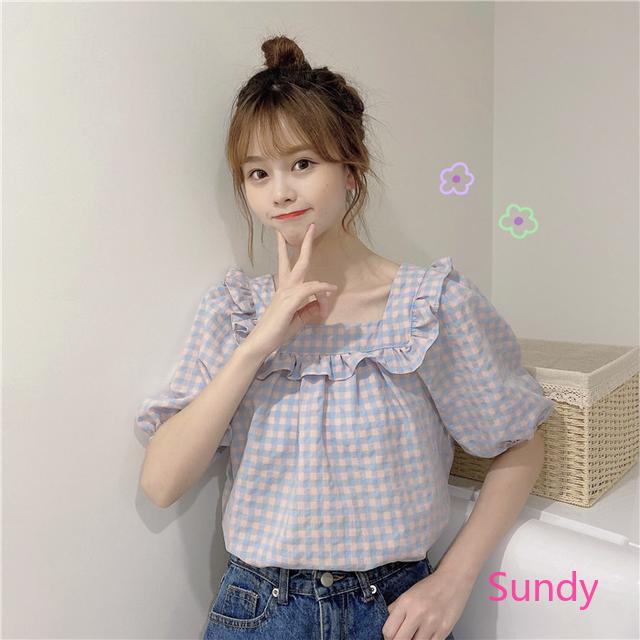 Áo sơ mi tay ngắn rộng rãi cổ vuông kẻ sọc phong cách Hàn Quốc thời trang mùa hè cho nữ